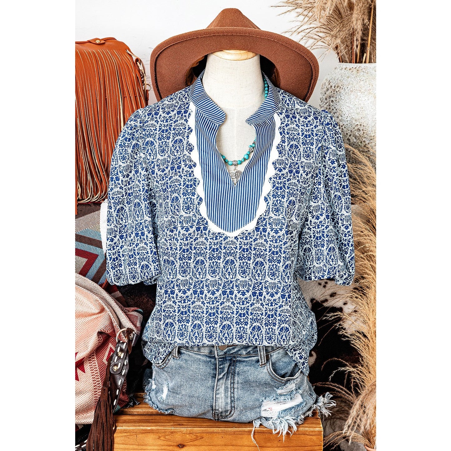 Graylynn Blue Floral Striped Print Contrast Ric-rac Puff Sleeve Top