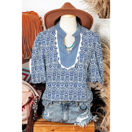 Graylynn Blue Floral Striped Print Contrast Ric-rac Puff Sleeve Top
