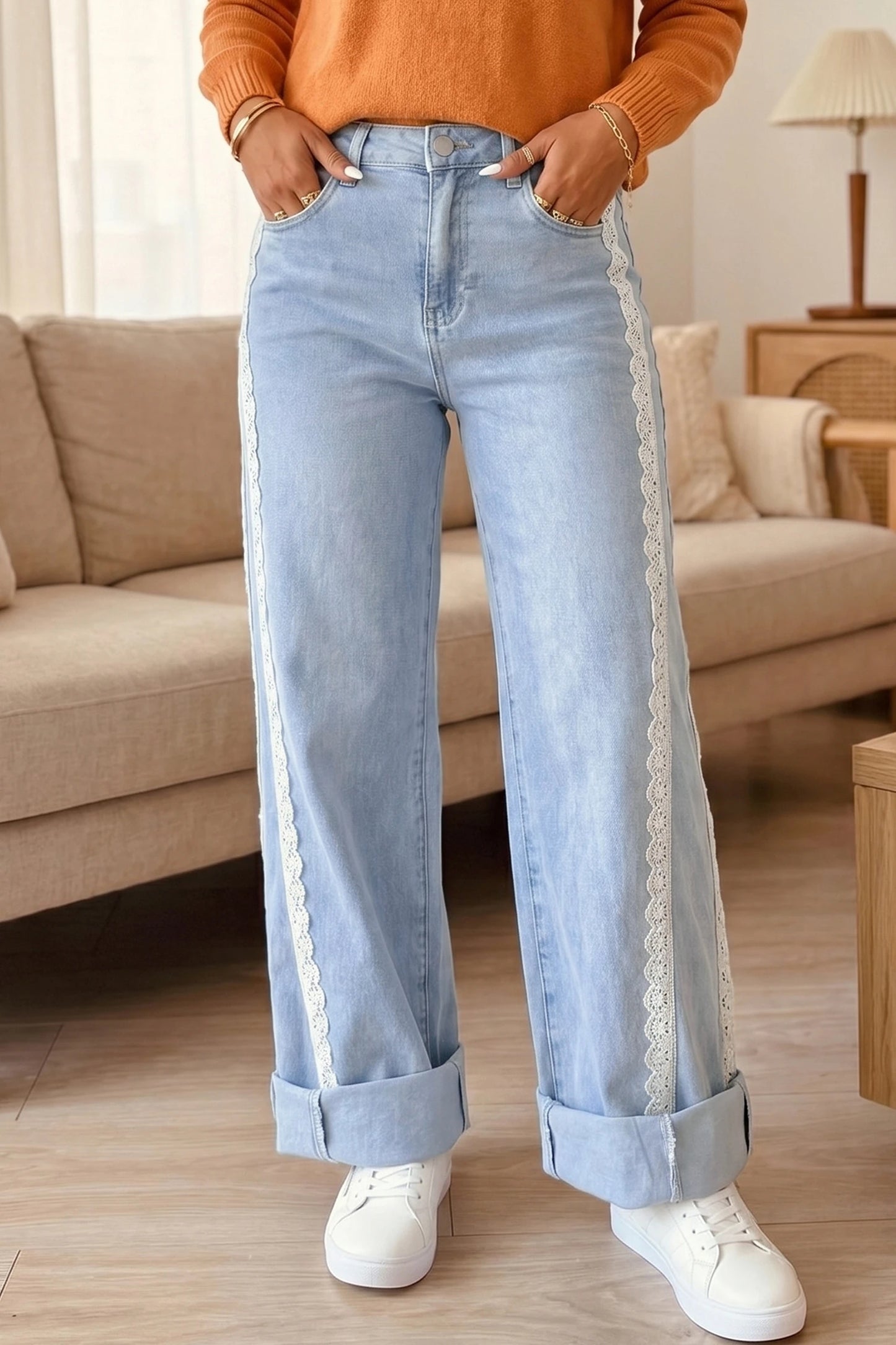 Graylynn Beau Blue Lace Trim Casual Full-Length Regular Fit Jeans