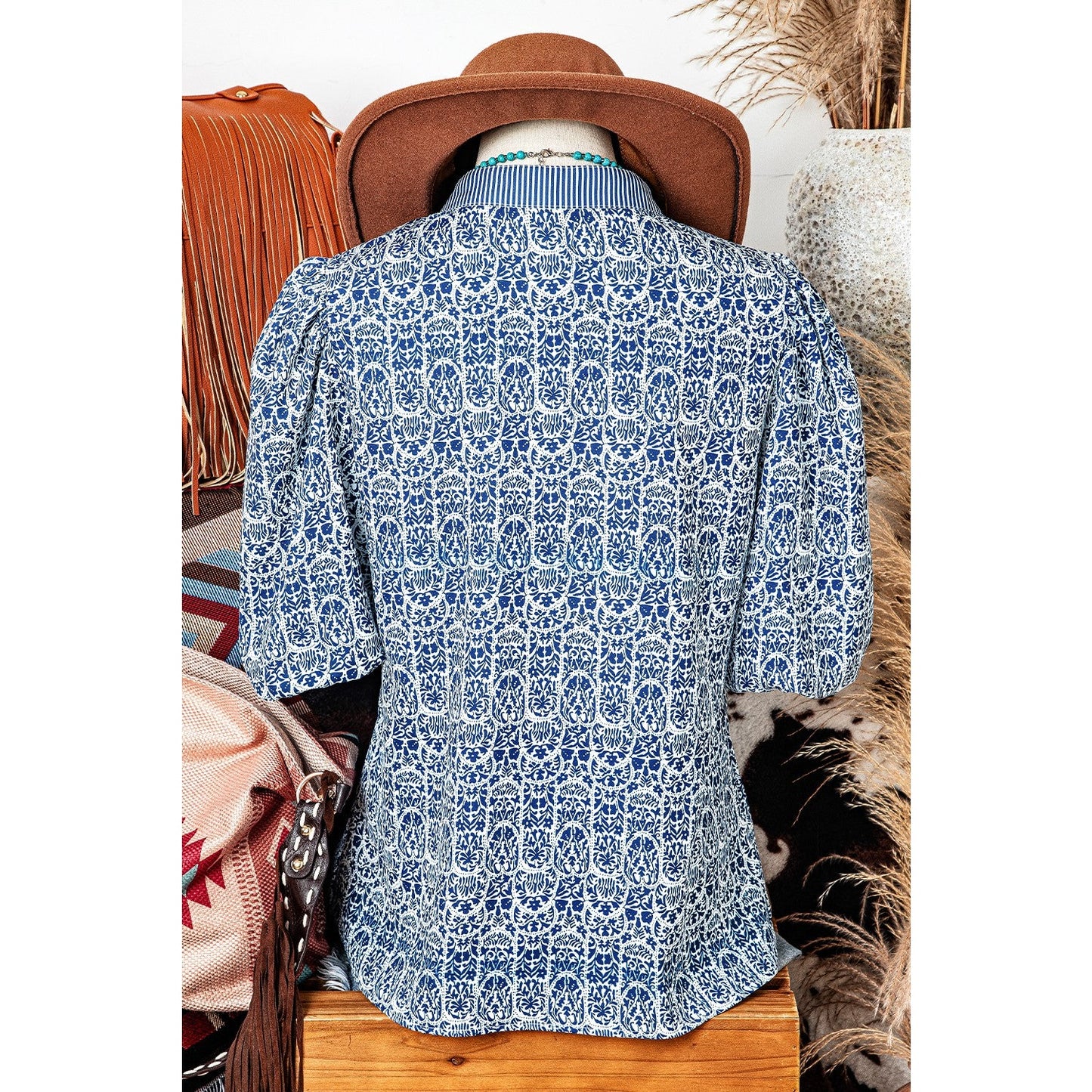 Graylynn Blue Floral Striped Print Contrast Ric-rac Puff Sleeve Top