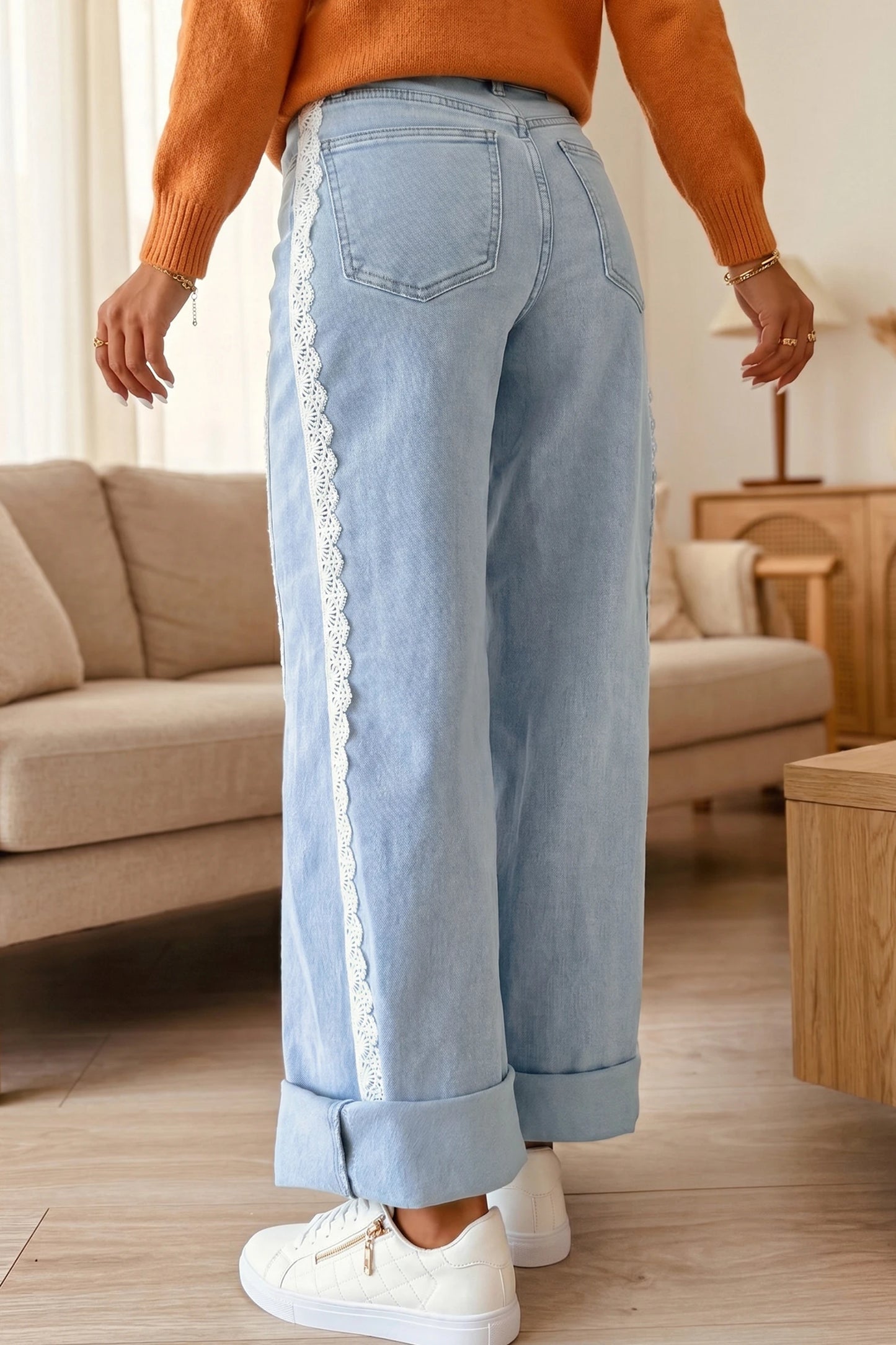Graylynn Beau Blue Lace Trim Casual Full-Length Regular Fit Jeans