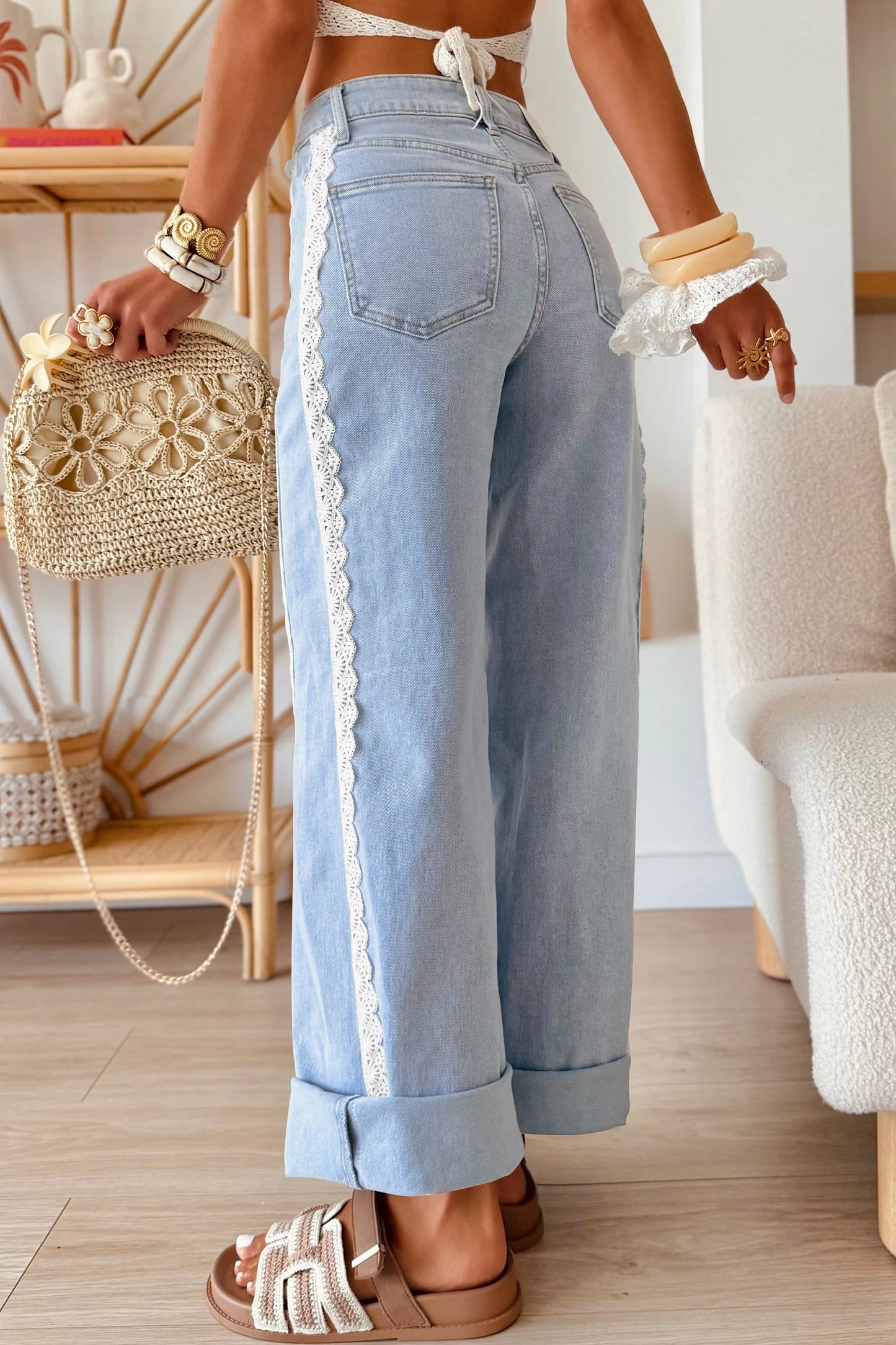 Graylynn Beau Blue Lace Trim Casual Full-Length Regular Fit Jeans