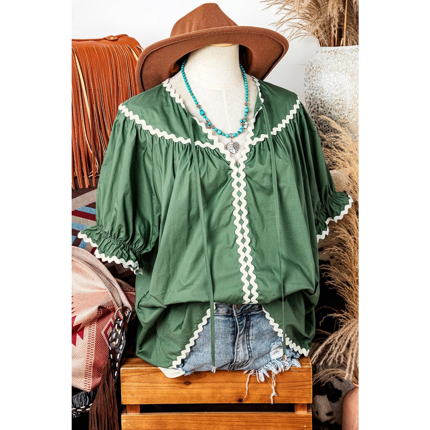 Blakely Green Ric Rac Trim Tie Split Neck Short Sleeve Blouse