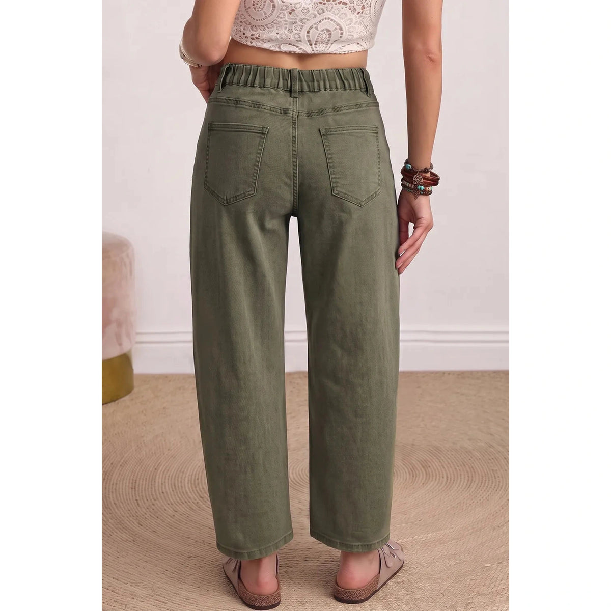 Vada Four Leaf Clover Square Patch Pocket Ankle-length Barrel Jeans