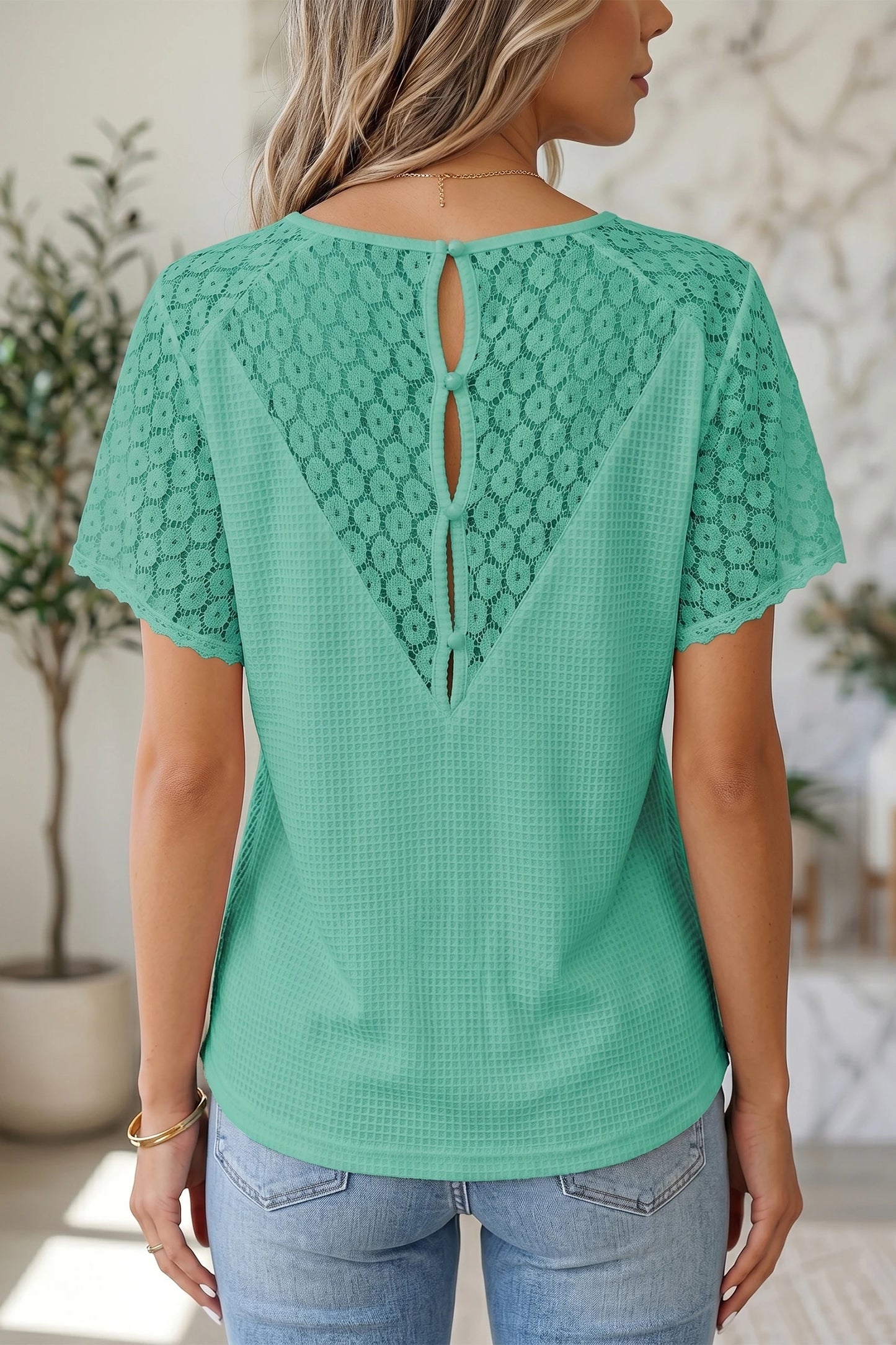 RTS Mint Green Lace Button Cutout V Neck Waffle Knit Blouse