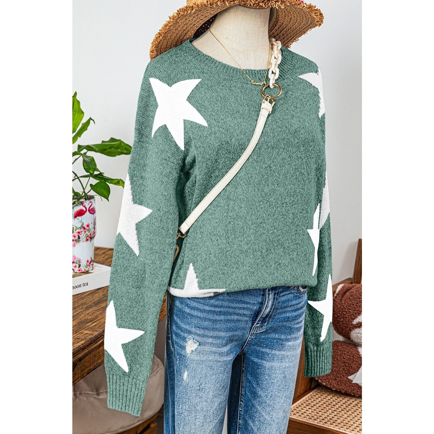 Lynda Green Star Pattern Drop Shoulder Sweater