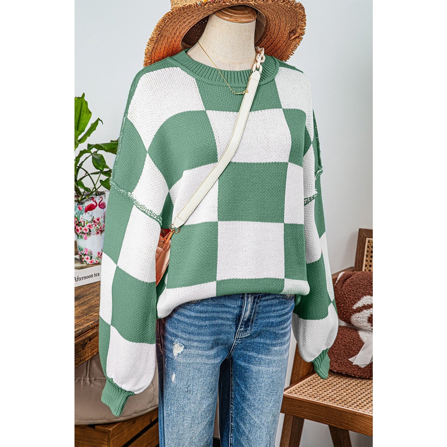 Maryam Green Checkered Bishop Sleeve Sweater