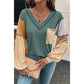 RTS Green Exposed Stitching Colorblock V Neck Long Sleeve Top