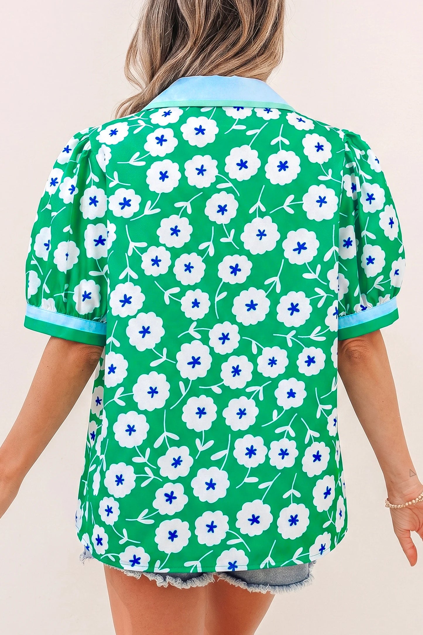 RTS Green Flower Printed Contrast Patchwork Collar Short Sleeve Blouse