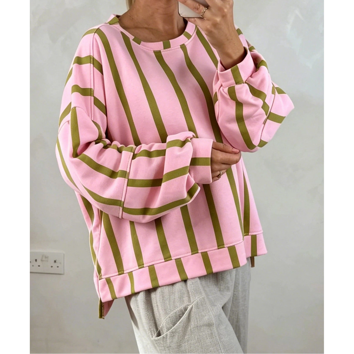Olinda Green Stripe Dropped Shoulder Round Neck Casual Sweatshirt