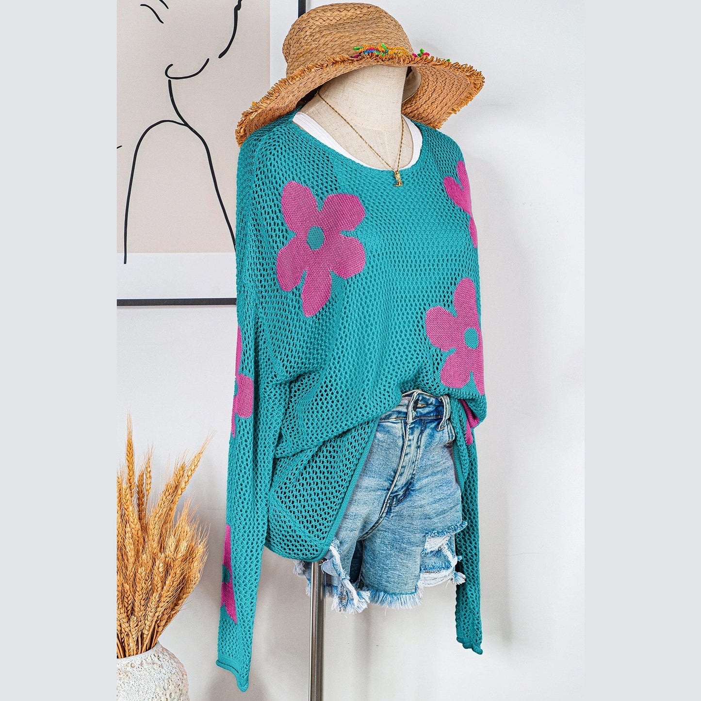 Magdalene Sea Green Big Flower Hollowed Knit Drop Shoulder Sweater