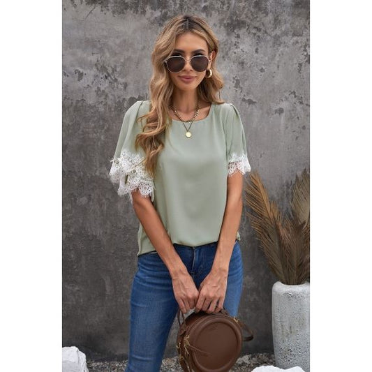 RTS Eryn Green Satin and Lace Top with Flutter Sleeves