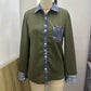 Antoinette Green Denim Trimmed Knit Button Up Top