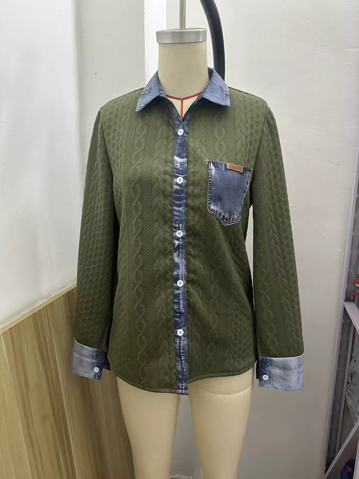 Antoinette Green Denim Trimmed Knit Button Up Top