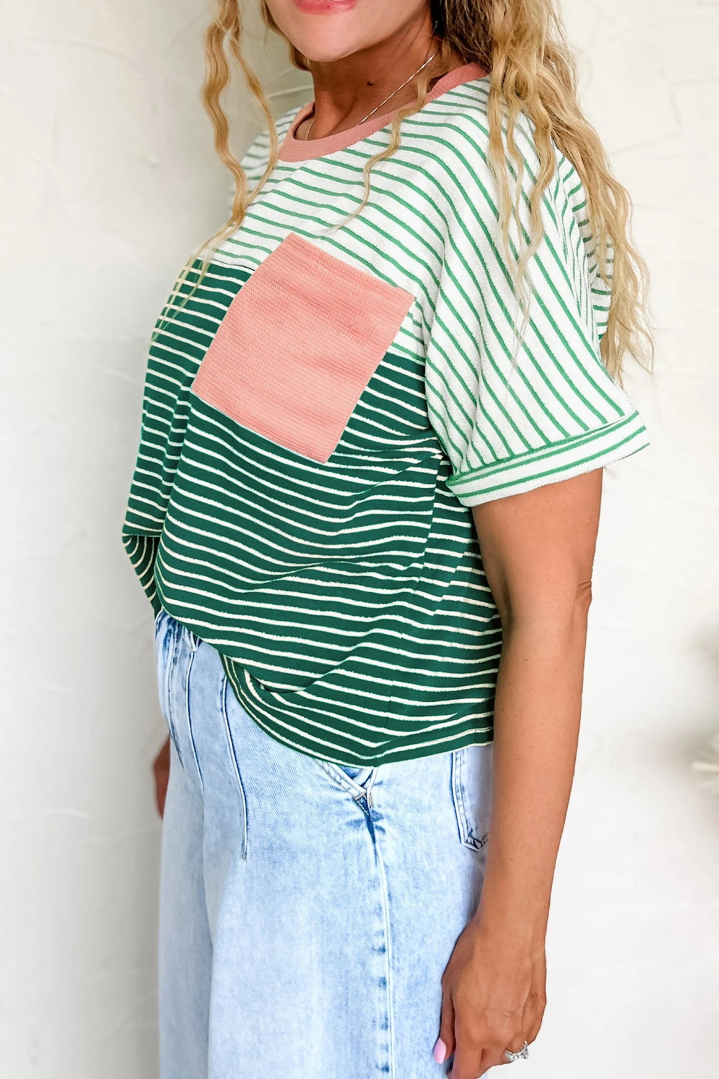 RTS Green Stripe Contrast Print Color Block Detail Relaxed Tee