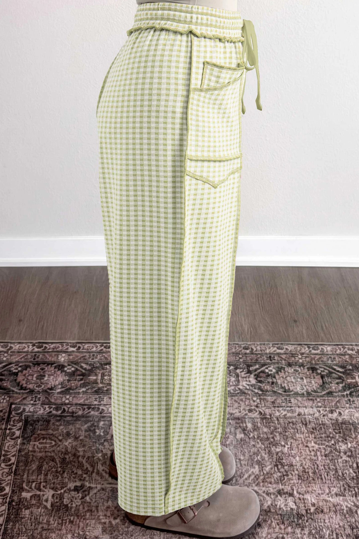 Chantel Green Plaid Contrast Trim Drawstring Elastic Waist Shift Pants