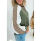 RTS Reggi Vineyard Green Twisted Ribbed Leopard Lace Contrast Patchwork Long Sleeve Top