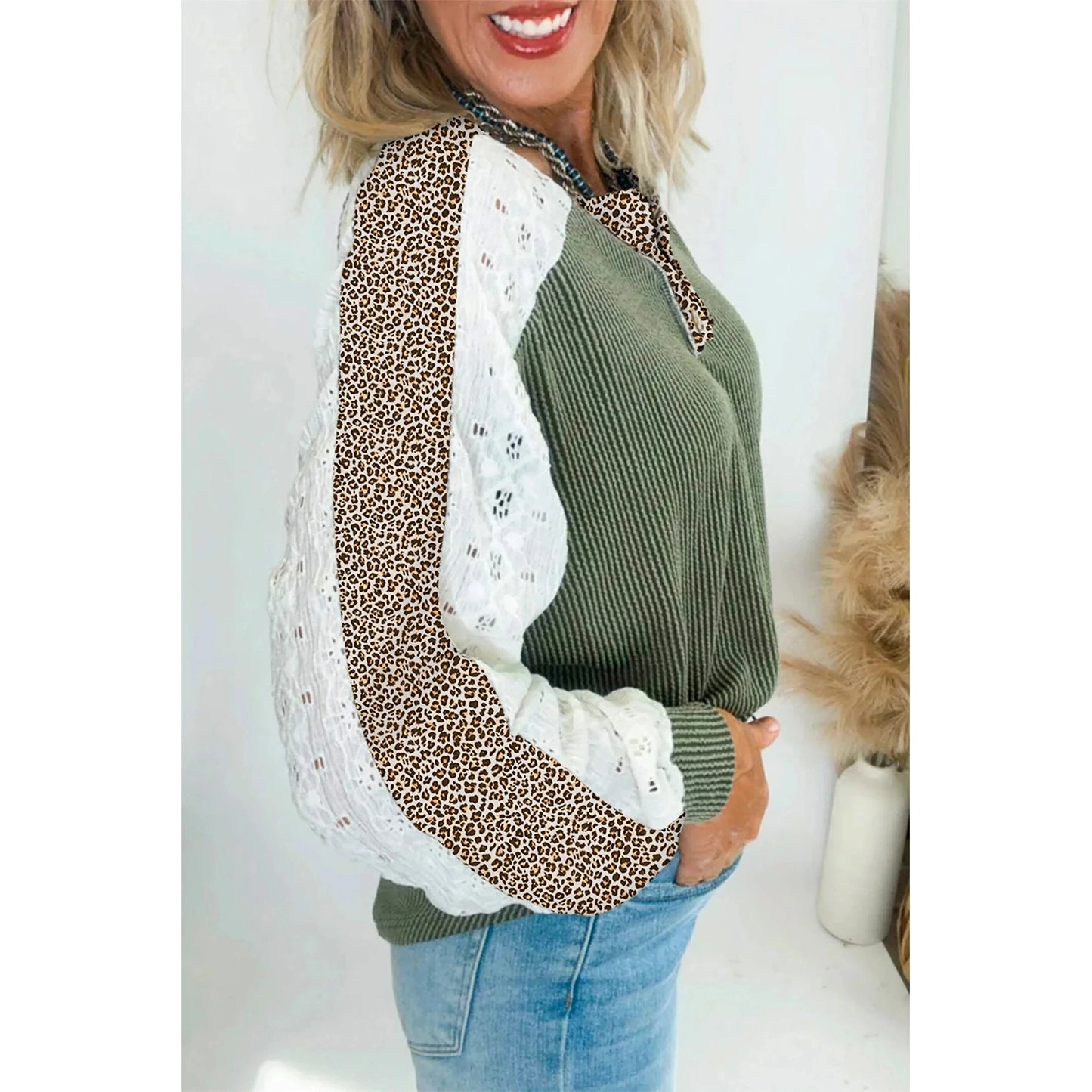 RTS Reggi Vineyard Green Twisted Ribbed Leopard Lace Contrast Patchwork Long Sleeve Top