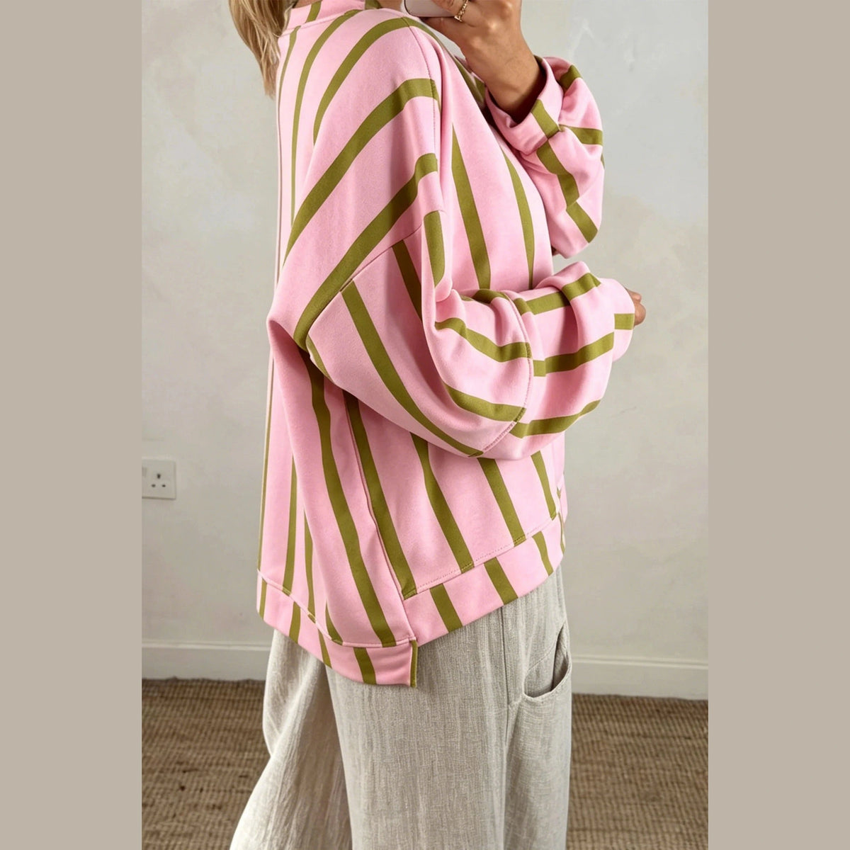 Olinda Green Stripe Dropped Shoulder Round Neck Casual Sweatshirt
