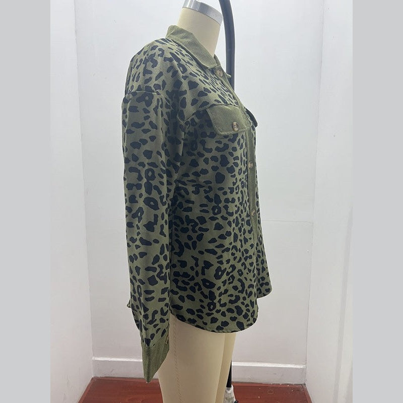Carolie Green Leopard Button Long Sleeve Jacket