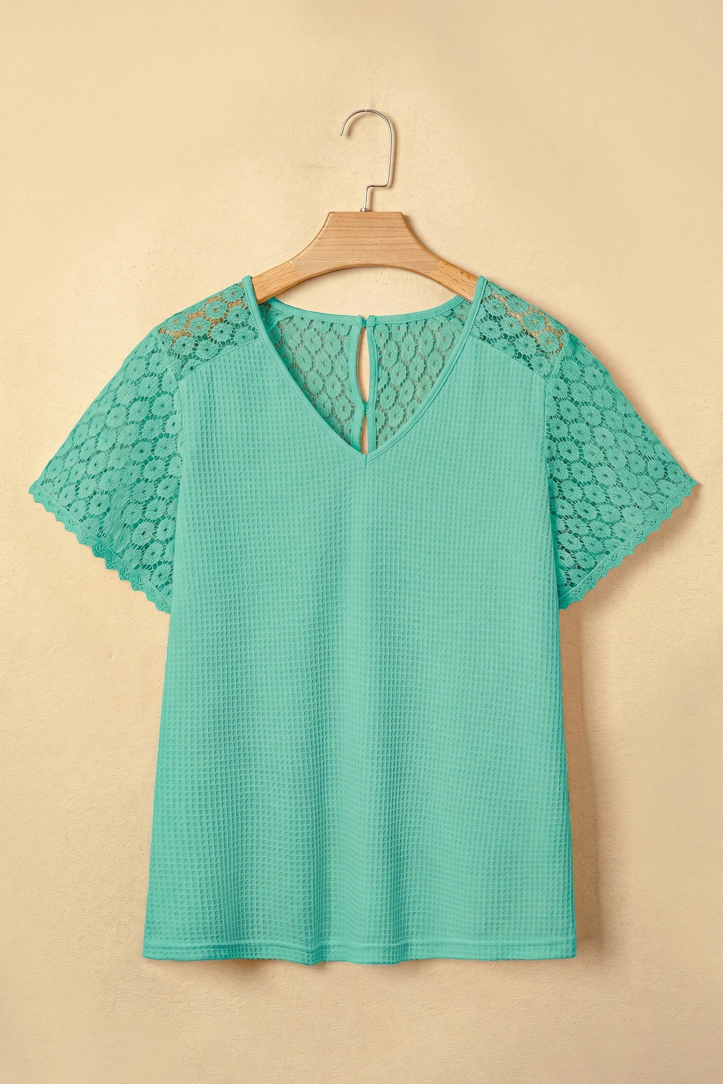 RTS Mint Green Lace Button Cutout V Neck Waffle Knit Blouse