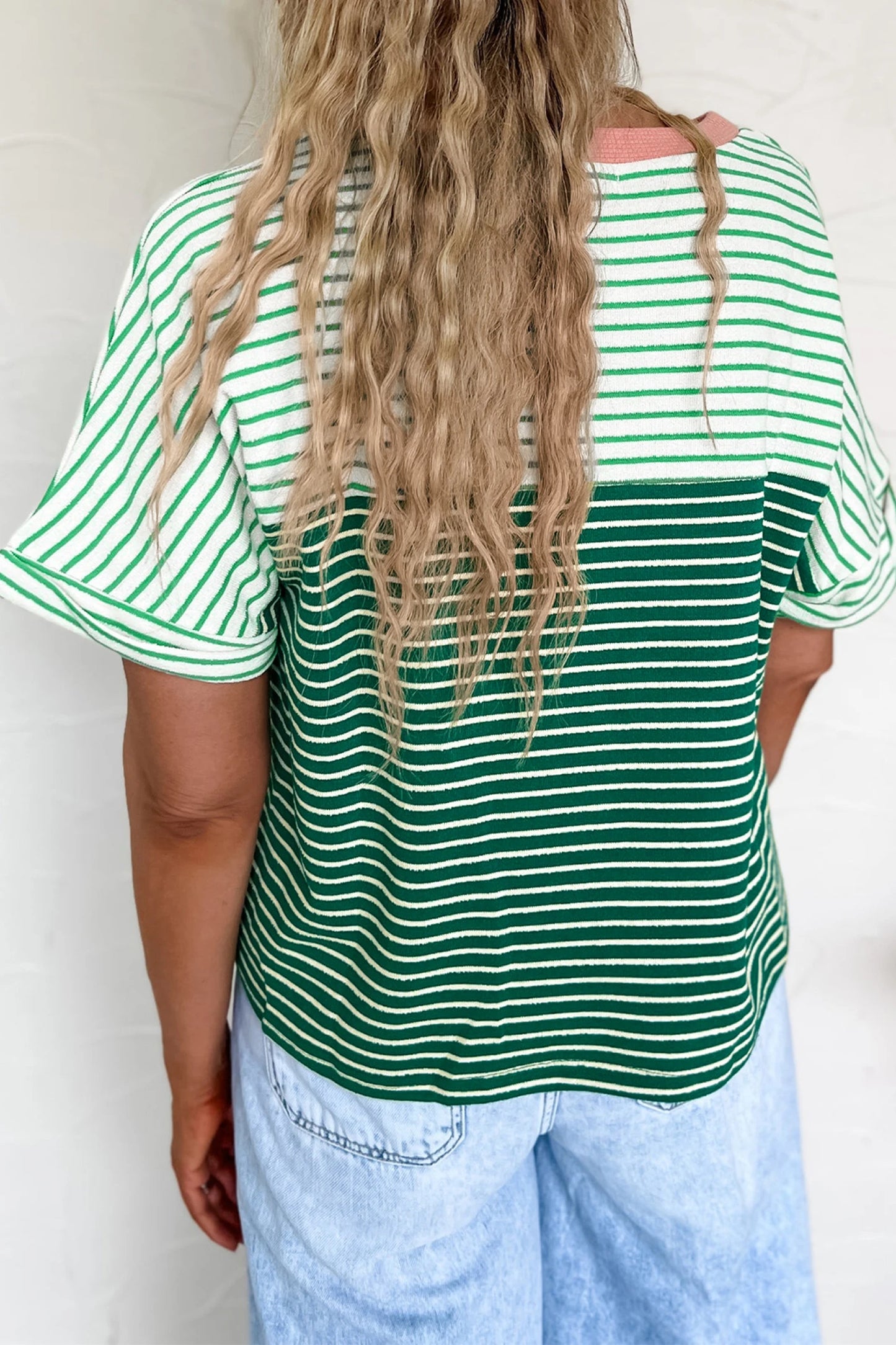 RTS Green Stripe Contrast Print Color Block Detail Relaxed Tee