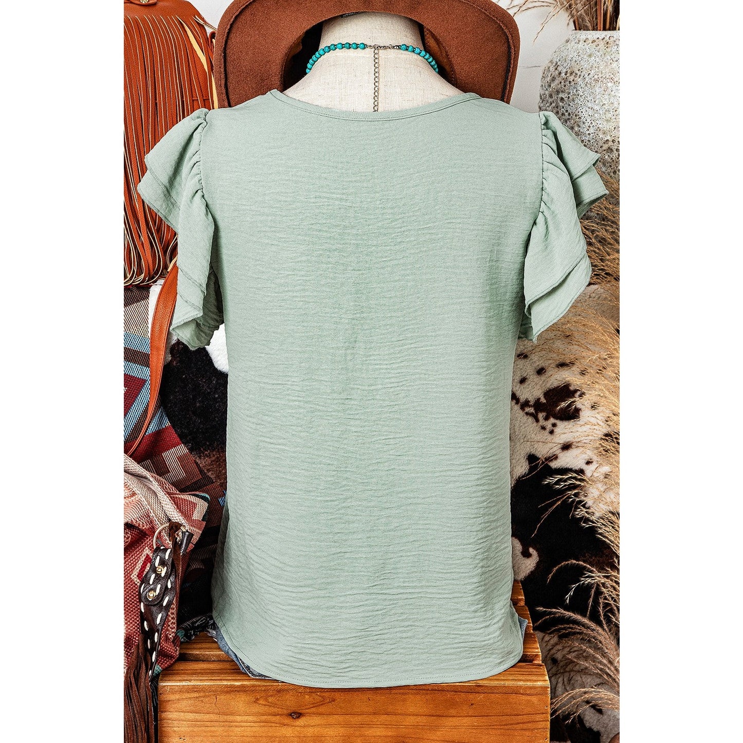 Madisyn Green Ruffled Short Sleeve Casual Blouse