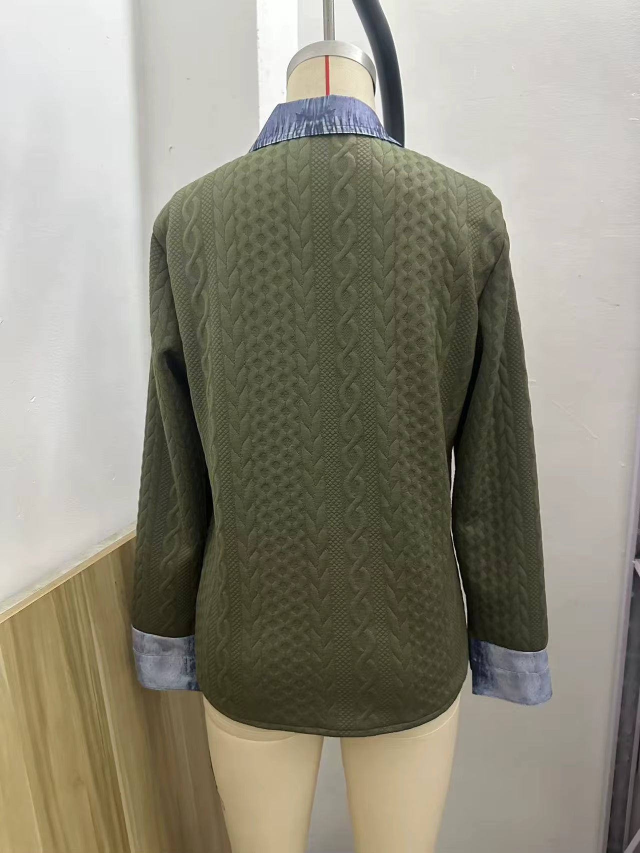 Antoinette Green Denim Trimmed Knit Button Up Top