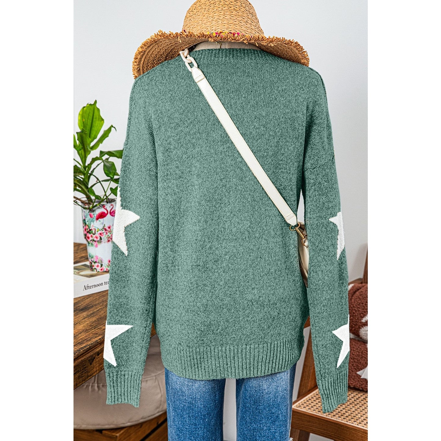 Lynda Green Star Pattern Drop Shoulder Sweater