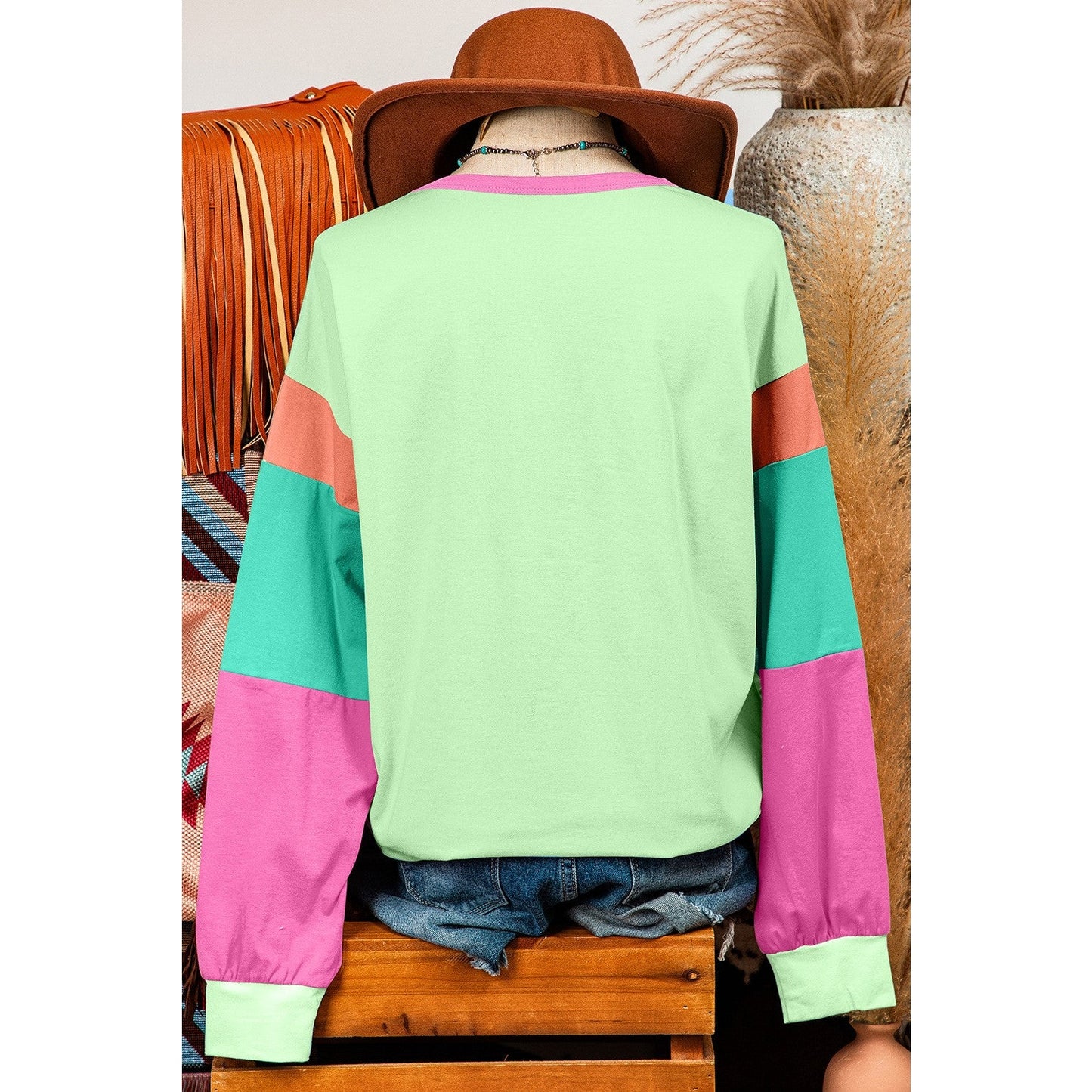 Talia Green Colorblock Patchwork Long Sleeve Loose Top