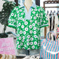RTS Green Flower Printed Contrast Patchwork Collar Short Sleeve Blouse