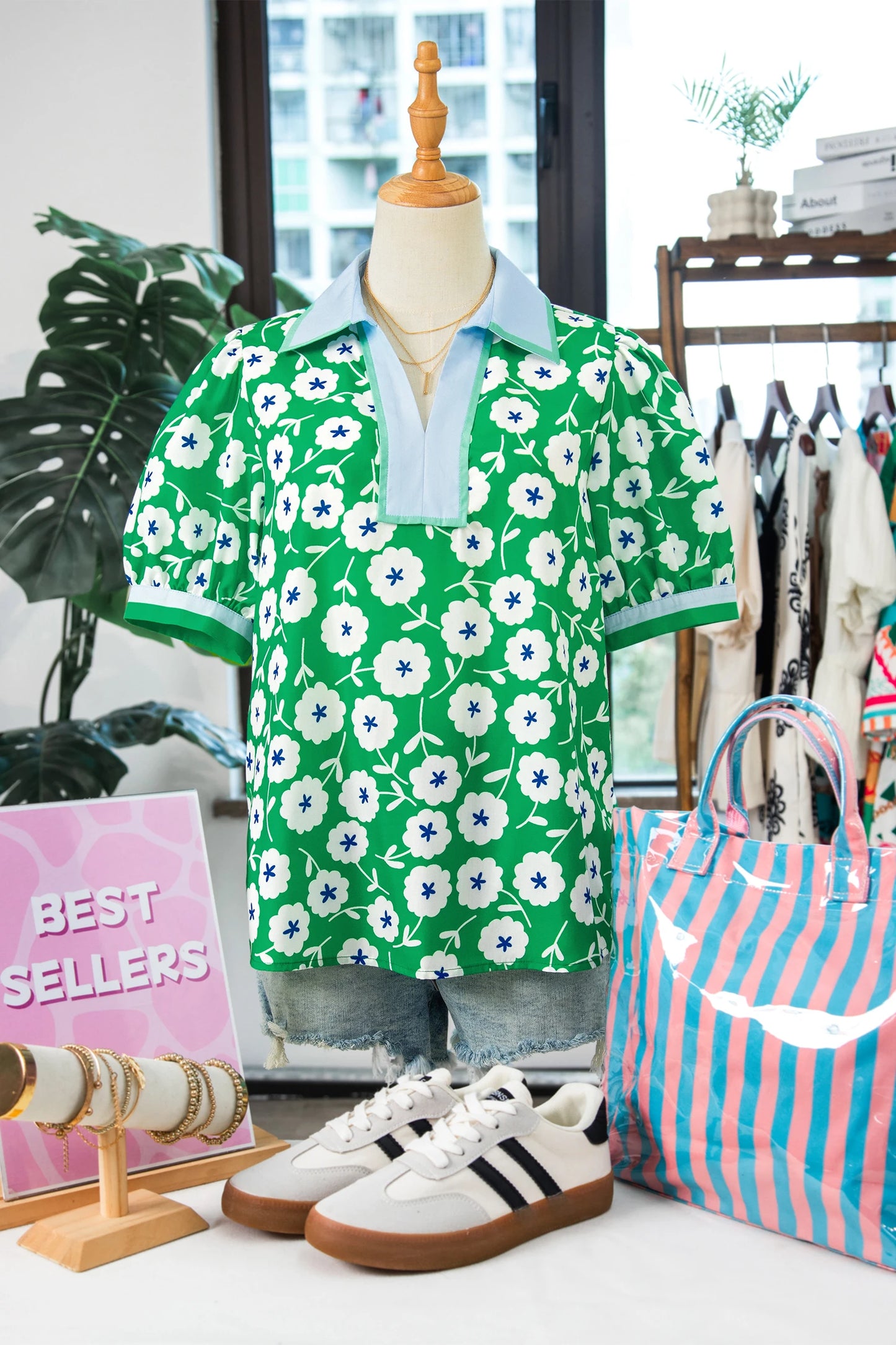 RTS Green Flower Printed Contrast Patchwork Collar Short Sleeve Blouse