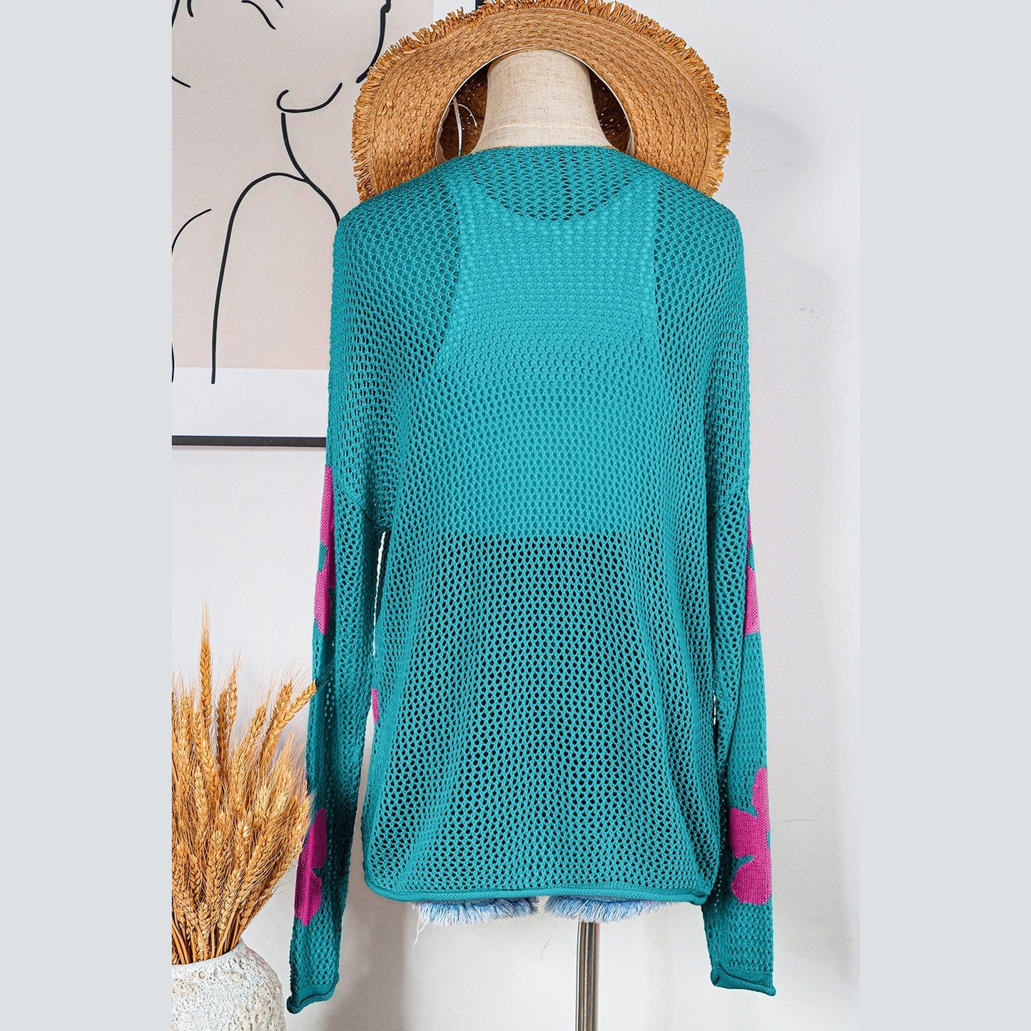 Magdalene Sea Green Big Flower Hollowed Knit Drop Shoulder Sweater