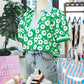 RTS Green Flower Printed Contrast Patchwork Collar Short Sleeve Blouse
