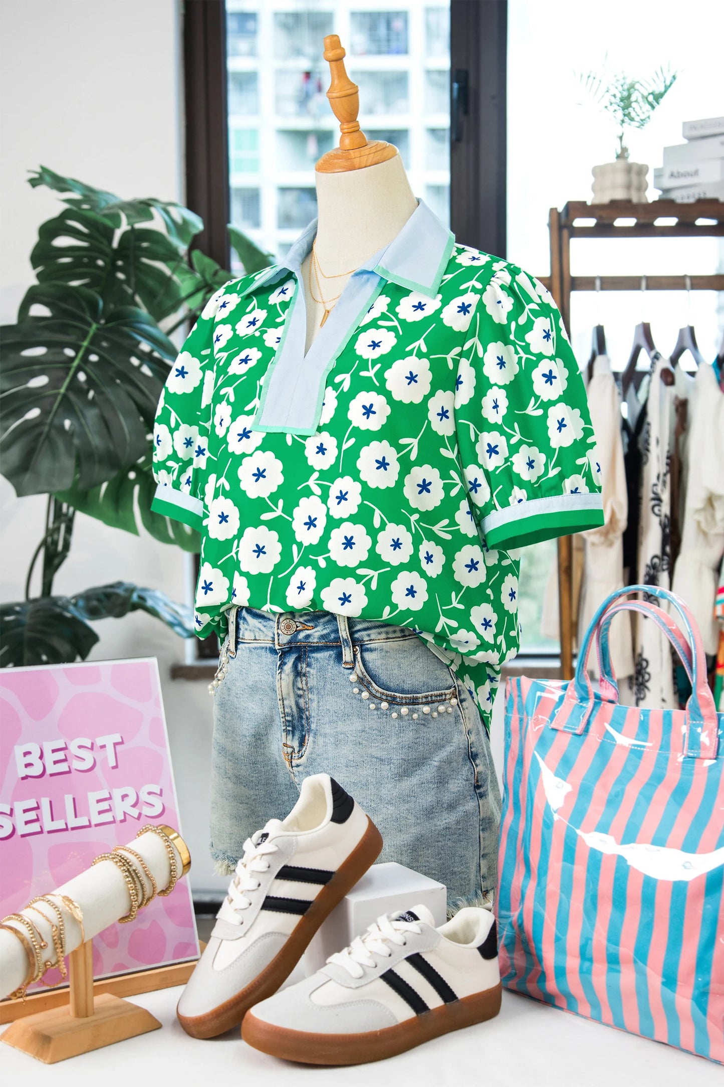 RTS Green Flower Printed Contrast Patchwork Collar Short Sleeve Blouse