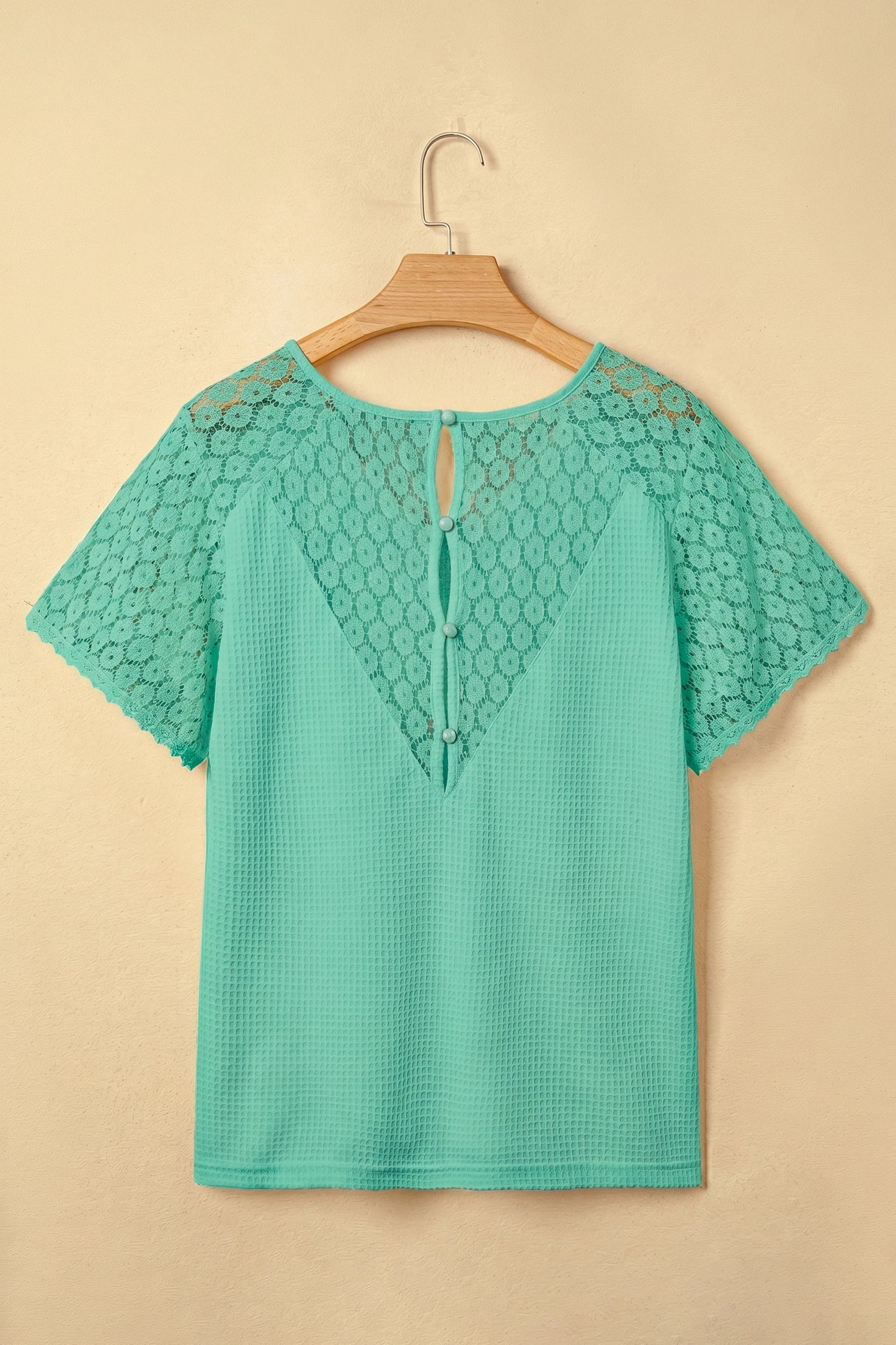 RTS Mint Green Lace Button Cutout V Neck Waffle Knit Blouse