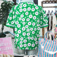 RTS Green Flower Printed Contrast Patchwork Collar Short Sleeve Blouse
