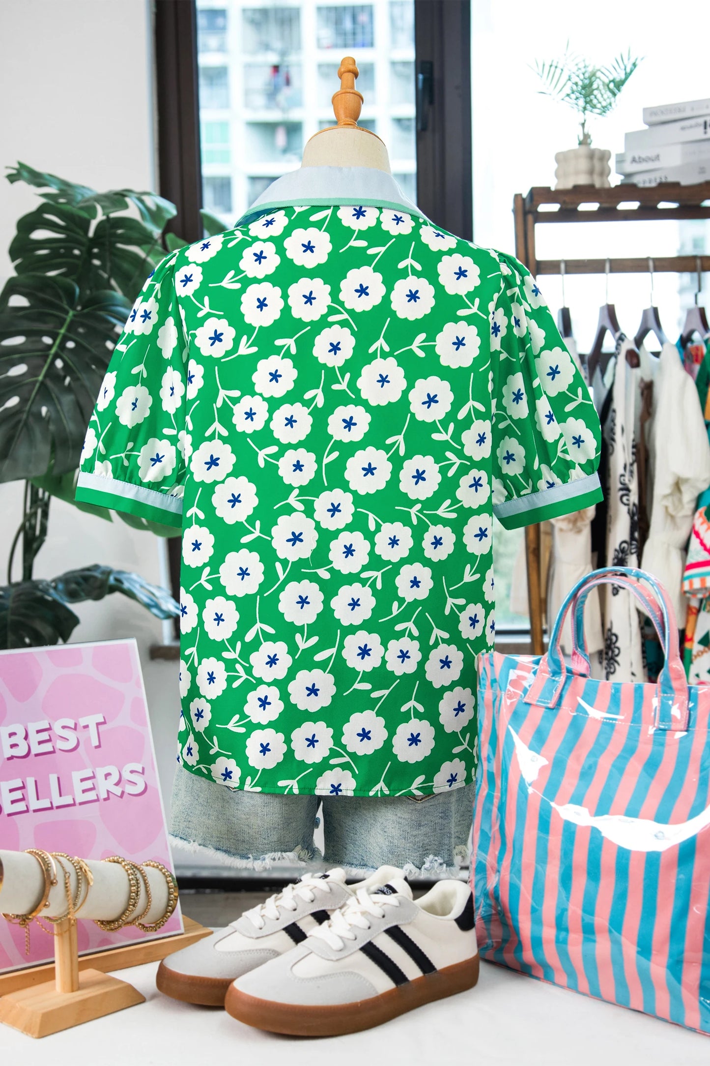 RTS Green Flower Printed Contrast Patchwork Collar Short Sleeve Blouse