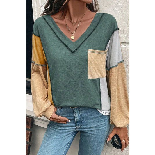 RTS Green Exposed Stitching Colorblock V Neck Long Sleeve Top