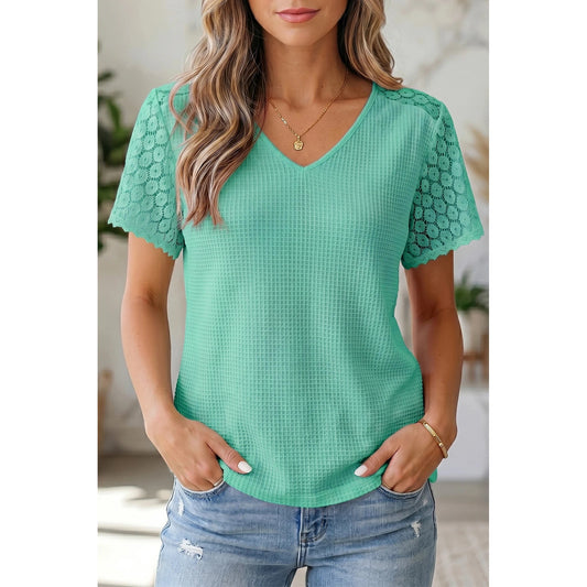 RTS Mint Green Lace Button Cutout V Neck Waffle Knit Blouse