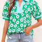 RTS Green Flower Printed Contrast Patchwork Collar Short Sleeve Blouse