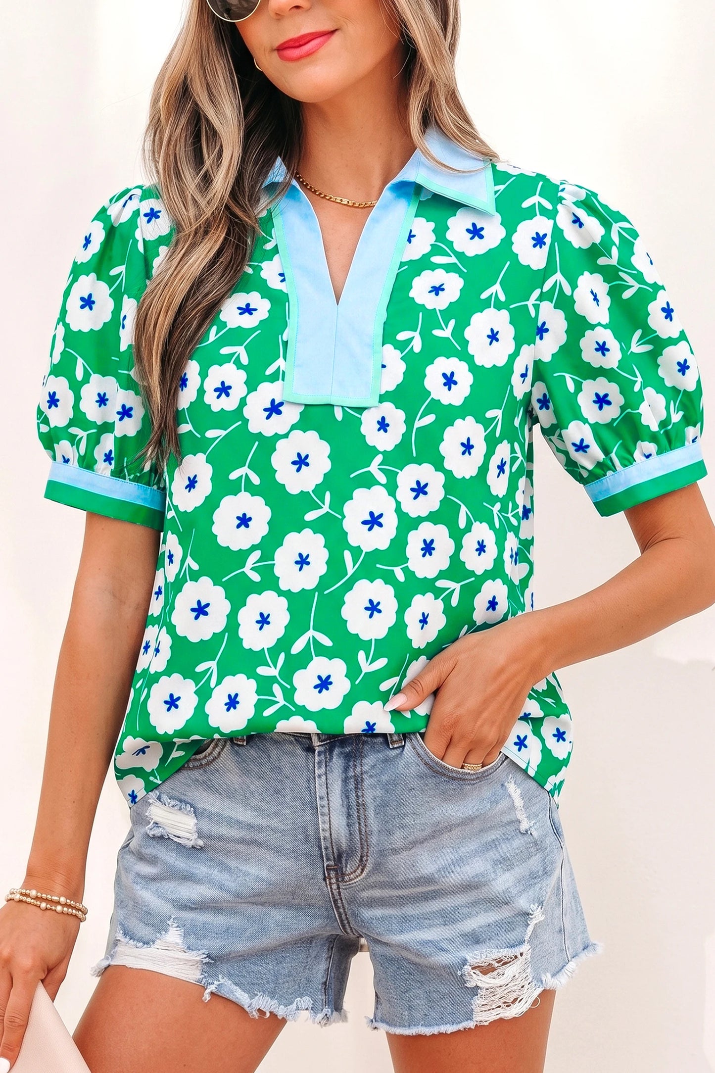 RTS Green Flower Printed Contrast Patchwork Collar Short Sleeve Blouse