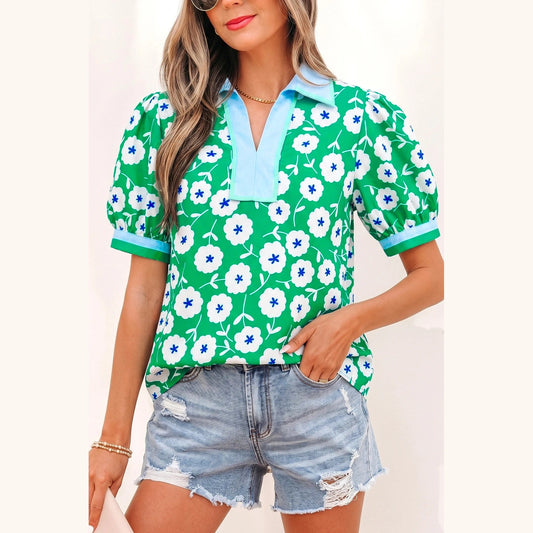 RTS Green Flower Printed Contrast Patchwork Collar Short Sleeve Blouse
