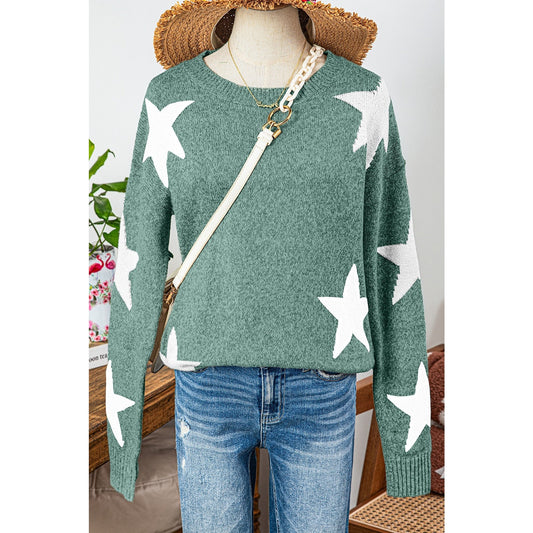 Lynda Green Star Pattern Drop Shoulder Sweater