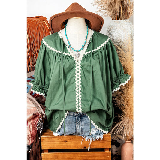 Blakely Green Ric Rac Trim Tie Split Neck Short Sleeve Blouse