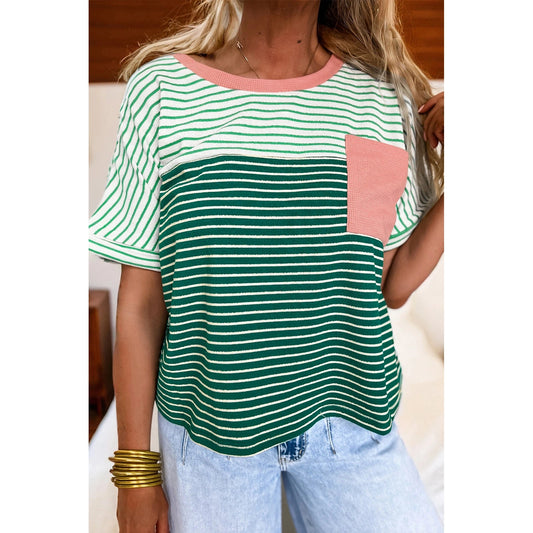 RTS Green Stripe Contrast Print Color Block Detail Relaxed Tee