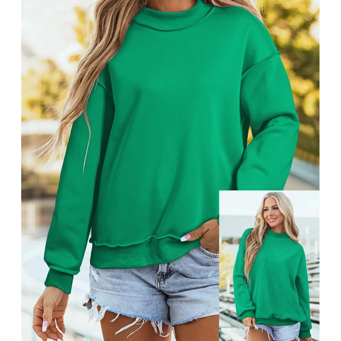 Alessia Bright Green Oversize Drop Shoulder Reversible Mock Neck Sweatshirt