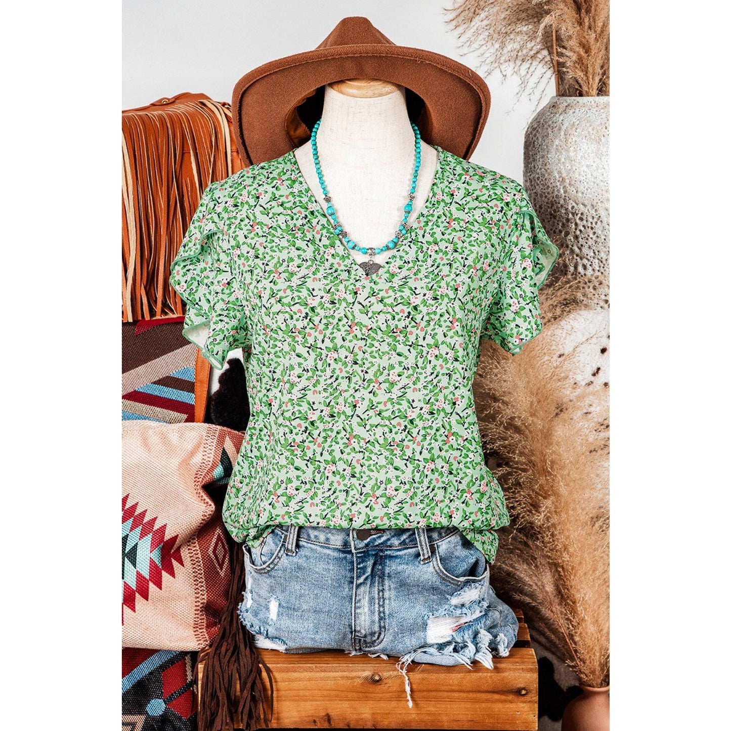 Terrilee Green Boho Floral V Neck Wrap Short Sleeve Blouse