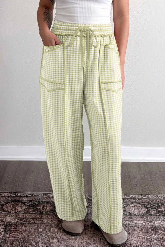 Chantel Green Plaid Contrast Trim Drawstring Elastic Waist Shift Pants