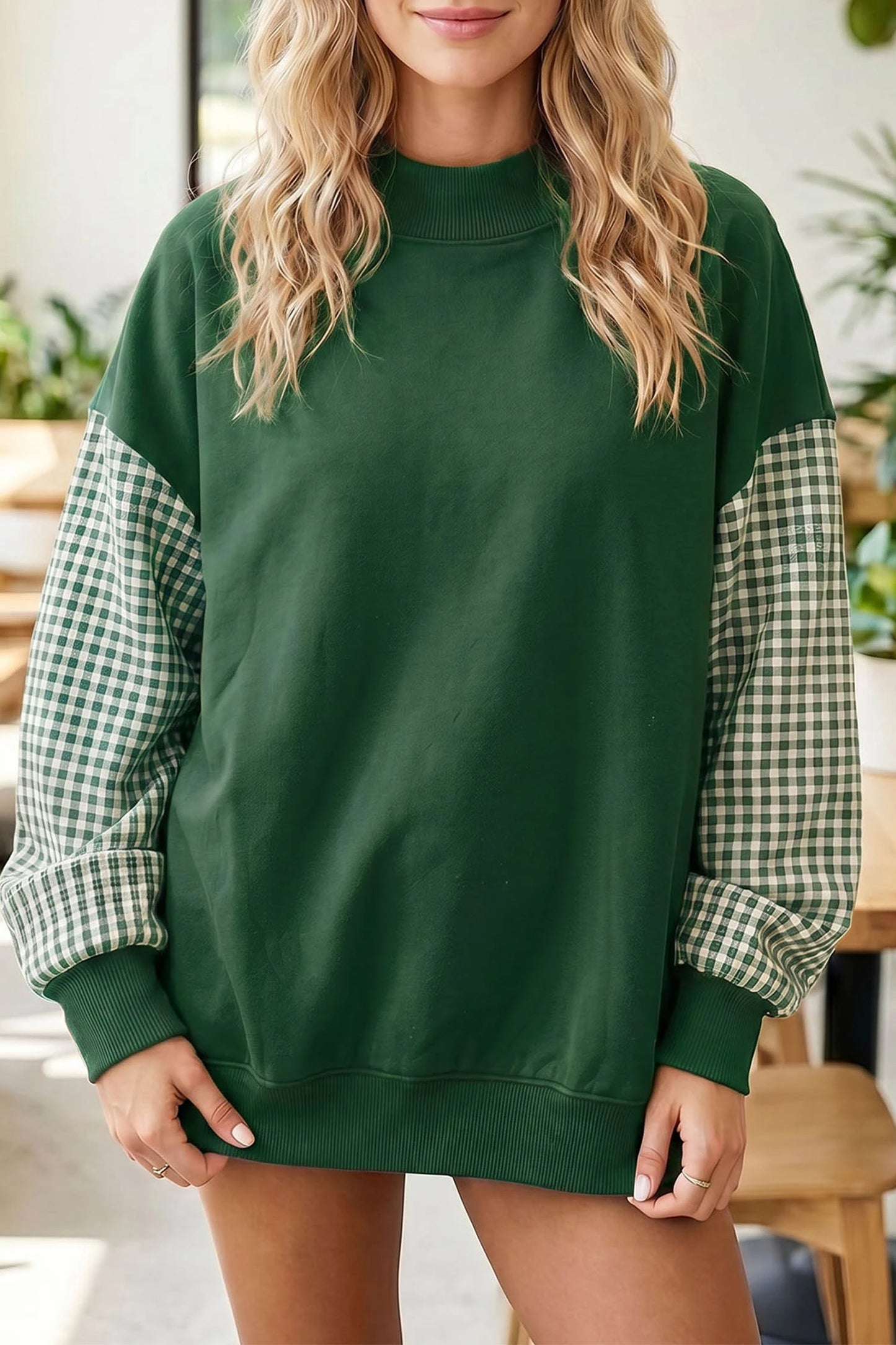 Kyrie Green Plaid Sleeve Colorblock Loose Tunic Sweatshirt